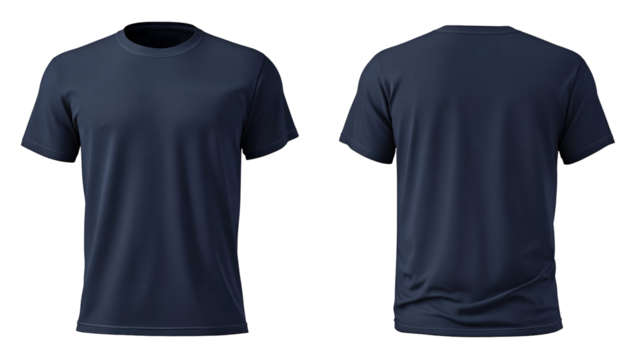 A modern navy blue t-shirt displayed from front and back views, perfect for casual wear and branding opportunities.