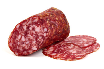 Smoked Sausage with Slices, salami Napoli, isolated on white background