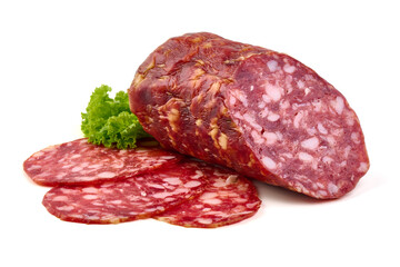 Smoked Sausage with Slices, salami Napoli, isolated on white background.