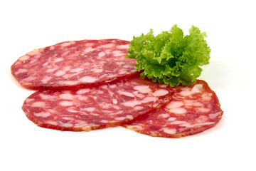 Smoked Sausage with Slices, salami Napoli, isolated on white background.