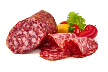 Smoked Sausage with Slices, salami Napoli, isolated on white background.