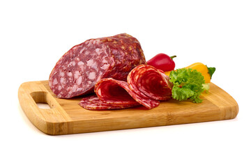 Dry cured Italian salami sausage, Salami Napoli, isolated on white background.