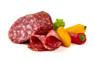 Smoked Sausage with Slices, salami Napoli, isolated on white background.