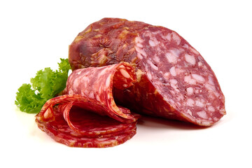 Smoked Sausage with Slices, salami Napoli, isolated on white background.