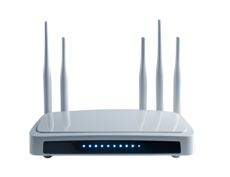 A sleek, modern Wi-Fi router with multiple antennas for enhanced connectivity and speed, ideal for homes and offices.