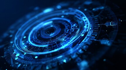 A futuristic blue circular design with intricate details and a dark background, tech interface look
