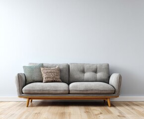 A mid-century modern gray sofa with patterned decorative pillows sits against a light gray wall in a simple, stylish interior setting.