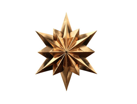 Golden metallic star with sharp geometric points isolated on black background with reflections