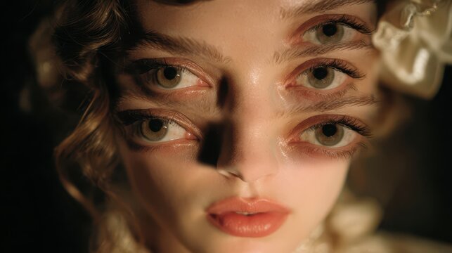 Surreal close-up portrait with stacked multiple eyes, porcelain skin, vintage makeup and soft cinematic lighting creating a dreamlike, uncanny mood.