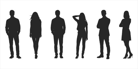 Six diverse adult silhouettes in stylish poses against a white background people woman