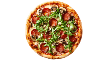 Delicious pizza garnished with pepperoni, mushrooms, and fresh arugula. Perfect for any meal or gathering, bursting with flavor.