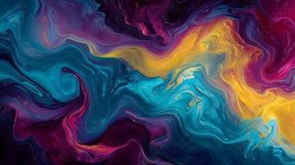 Captivating abstract fluid art swirls with vibrant teal, deep purple, and shimmering gold creating a dynamic, modern aesthetic perfect for upscale design projects.