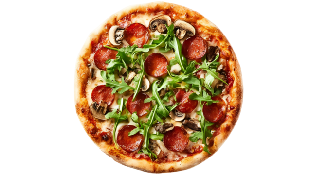 Delicious pizza garnished with pepperoni, mushrooms, and fresh arugula. Perfect for any meal or gathering, bursting with flavor. - Powered by Adobe