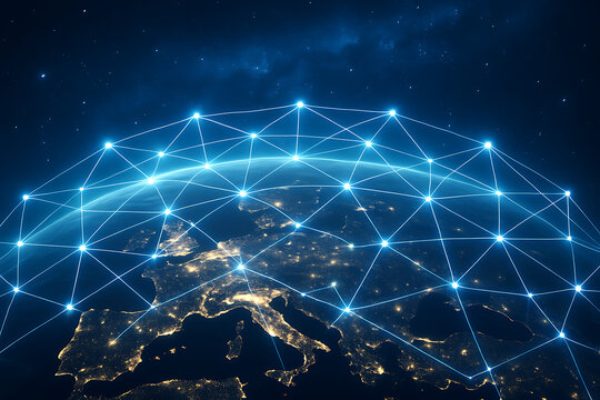 a global network and data connection over europe, abstract digital background with glowing lights and polygonal grid on a night earth planet view from space - Powered by Adobe