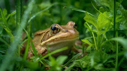 Fototapeta premium Brown frog sits amid lush green foliage featuring prominent eyes and detailed skin texture