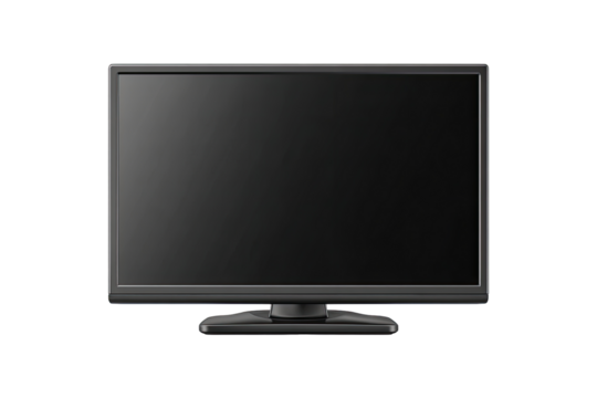 A flat-screen television, dark gray/black, displays a blank screen