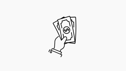 Hand holding a fan of US dollar bills with a dollar sign on the front bill against a white background