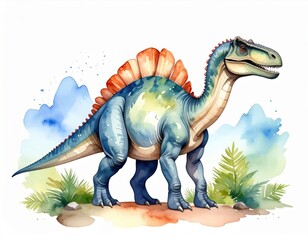 Naklejka premium Watercolor Illustration of a Stegosaurus Dinosaur with Artistic Botanical Elements
