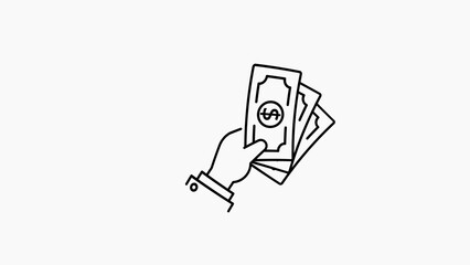Hand holding a fan of US dollar bills with a dollar sign on the front bill against a white background