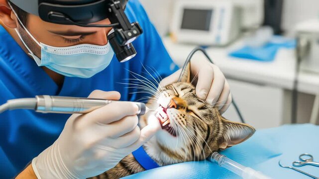 A veterinary dentist performs a dental procedure on a sedated tabby cat in a modern clinic