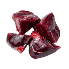 Obraz premium Fresh, raw meat chunks showcasing rich color and texture, perfect for culinary presentations or food-related content.