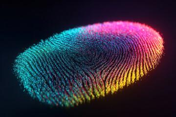 Glowing 3d fingerprint hologram with neon and glass elements for biometric security