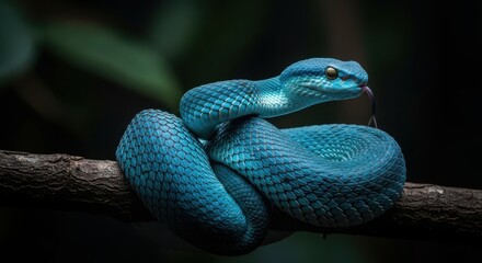 Closeup of a coiled blue viper snake with its tongue flicking, perched on a tree branch in a dark forest