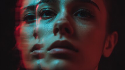 Close-up double-exposure portrait of a woman's face with RGB glitch, a single tear, and moody cyan-red cinematic lighting - surreal and introspective.