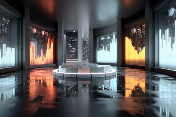 Futuristic 3d room with glowing pie charts, bar charts, and graphs for finance