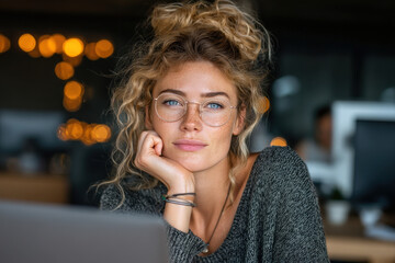 Confident professional woman wearing glasses working on laptop in modern office