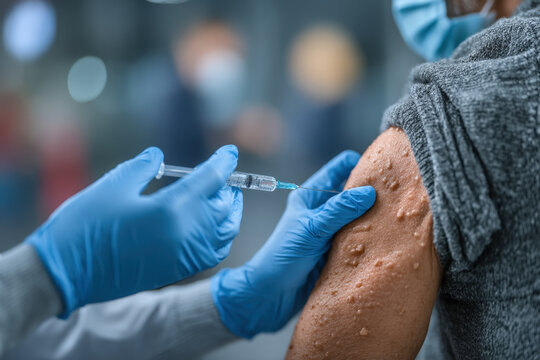 Healthcare professional administering vaccine injection to patient?s arm with blue gloves