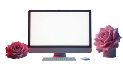 Pink roses and a computer monitor, against a black backdrop, set up for a modern, sophisticated, and inviting digital workspace.