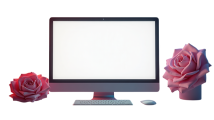 Pink roses and a computer monitor, against a black backdrop, set up for a modern, sophisticated, and inviting digital workspace.