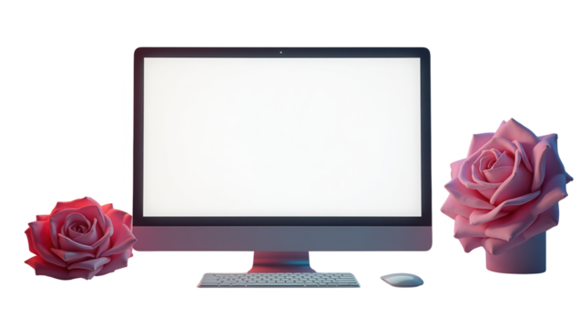 Pink roses and a computer monitor, against a black backdrop, set up for a modern, sophisticated, and inviting digital workspace.