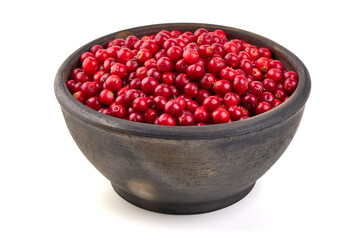 Lingonberries in Bowl, Vaccinium vitisidaea, isolated on white background