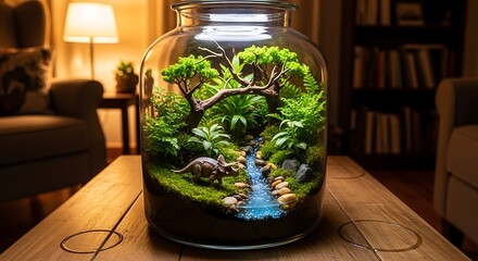 Miniature Jurassic World: Triceratops in a Lush Terrarium Landscape