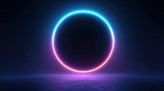 Glowing neon gradient ring floating on dark background with space for text