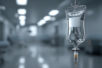 Blank iv bag hanging on chrome stand in sterile operating room setting