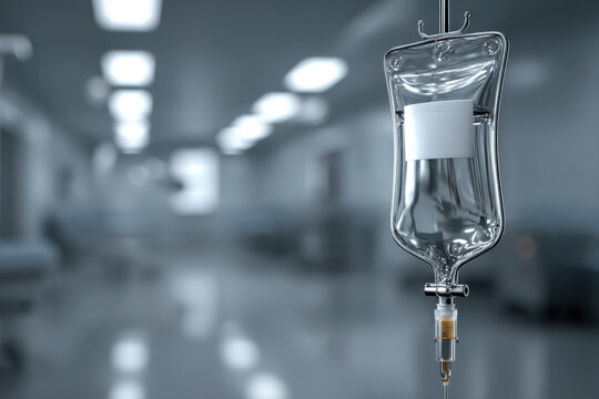 Blank iv bag hanging on chrome stand in sterile operating room setting