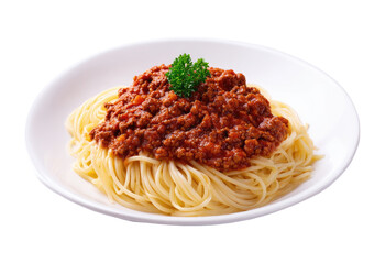 A plate of spaghetti with a rich, tomato-based meat sauce