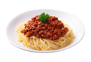 A plate of spaghetti with a rich, tomato-based meat sauce