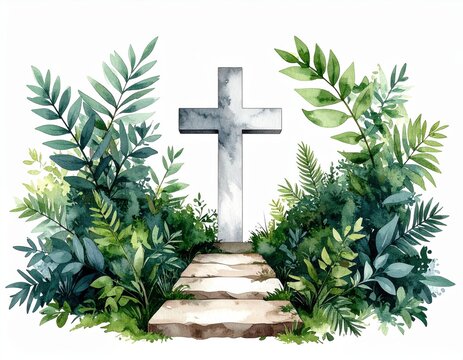 Watercolor cross amidst verdant foliage, ascending stone steps spirituality scene