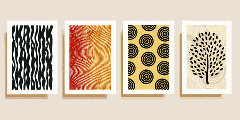 Set of four abstract minimalist art prints featuring organic wavy lines concentric circles and a stylized tree