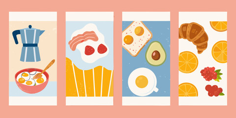 Flat illustration of a delicious breakfast spread with coffee eggs toast avocado croissant and fruit