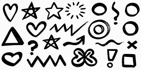 Collection of hand drawn black doodle icons including hearts stars circles arrows zigzags and punctuation marks