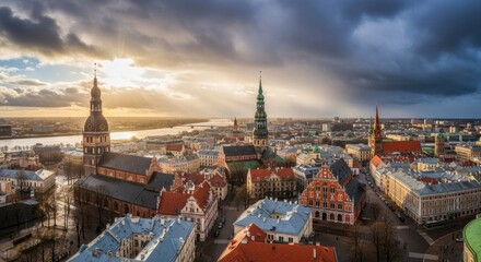 Fototapeta premium Panoramic aerial view of Riga's historic Old Town at sunset, with dramatic clouds and sun rays illuminating the iconic church spires and medieval architecture.