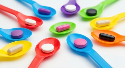 Fototapeta premium Vibrant pills and capsules in colorful plastic spoons arranged on a white background, symbolizing diverse medications, healthcare, and wellness concepts.