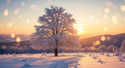 A magical winter sunrise illuminates a snow-covered tree and landscape, creating a serene and picturesque scene with warm golden light and sparkling bokeh.