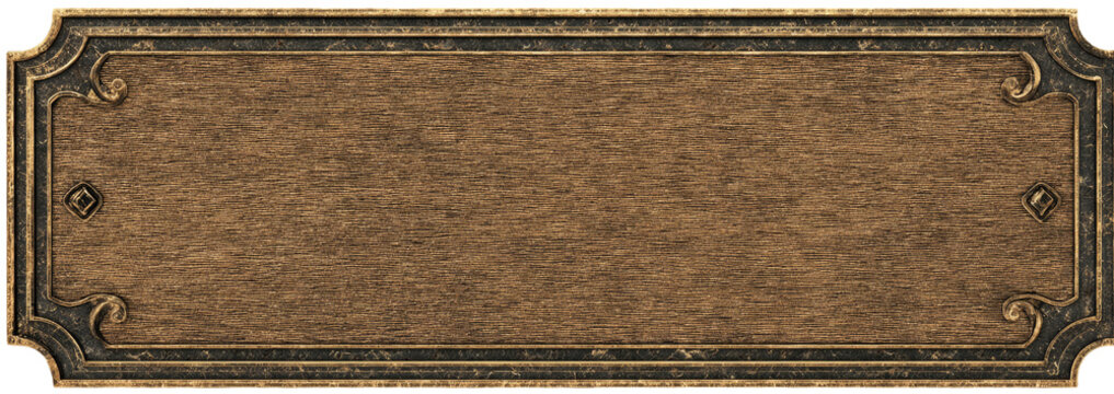 Ornate bronze plaque with decorative border.  A rectangular, decorative plaque with a textured, light brown surface.  