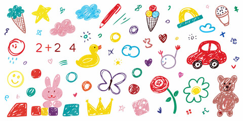 Collection of colorful hand drawn children s doodles featuring animals toys and school items